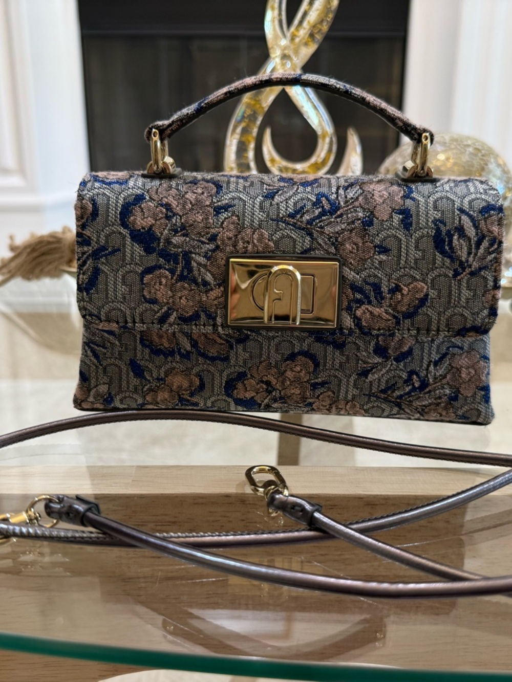 Furla 1927 Mini Bag M in Blue Floral Jacquard with Gold Hardware - Picture 8 of 16